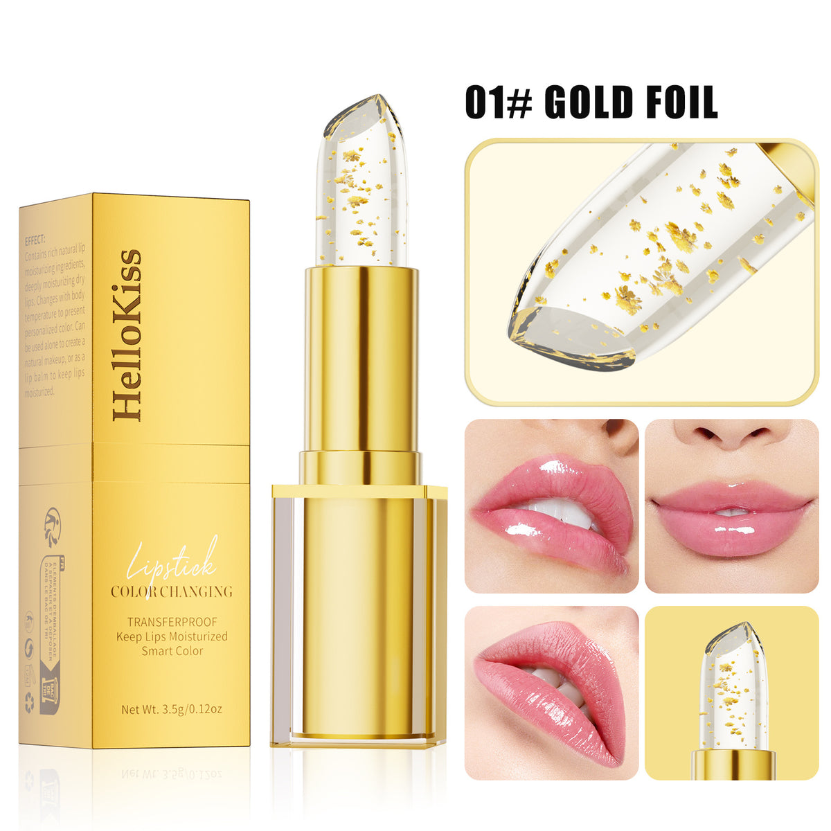 HelloKiss Moisturizing Color Changing Lipstick with Gold and Silver Foil Packaging for Natural Lip Care