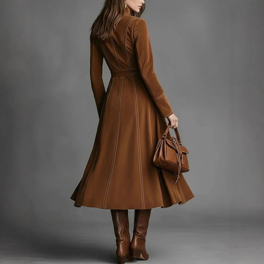 Women's Retro Suede Stand Collar Zipper A-Line Long Dress