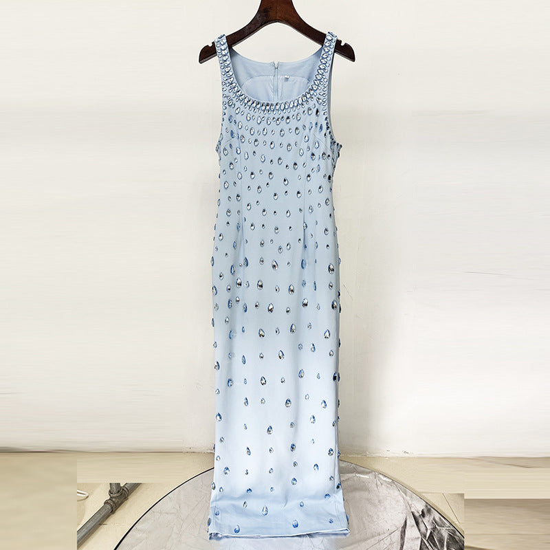 Women?s Hand-Stitched Rhinestone Beaded Sleeveless Long Dress Gown