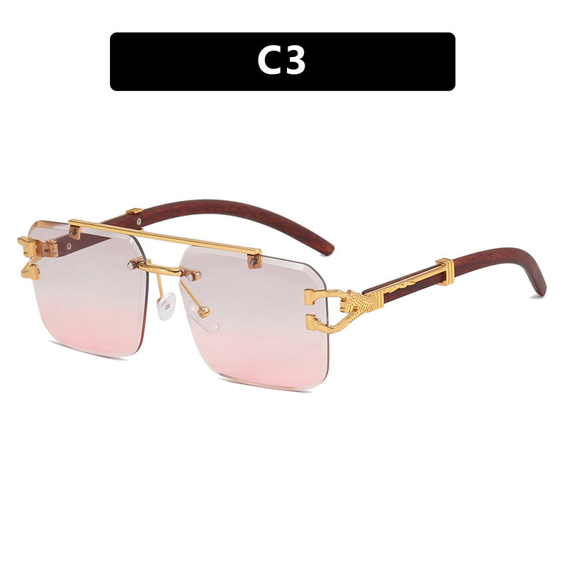 Double Beam Rimless Square Sunglasses Wood Grain UV Protection