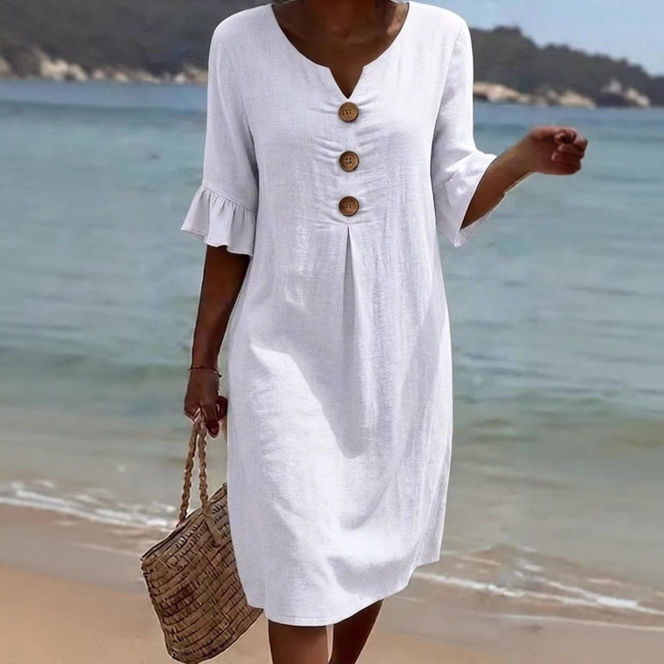 Womens V-Neck Linen Blend Dress