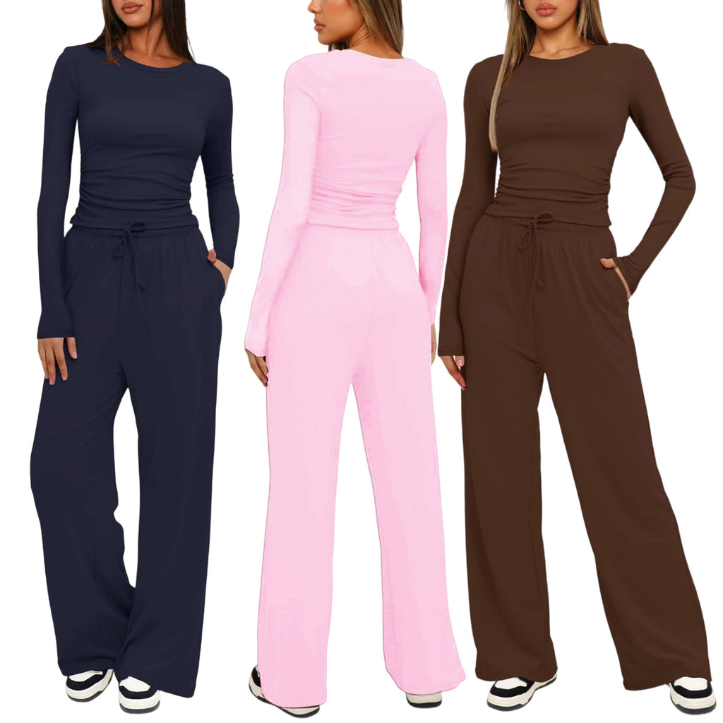 Solid Color Long Sleeve Top and High Waisted Wide Leg Pants Sportswear Set