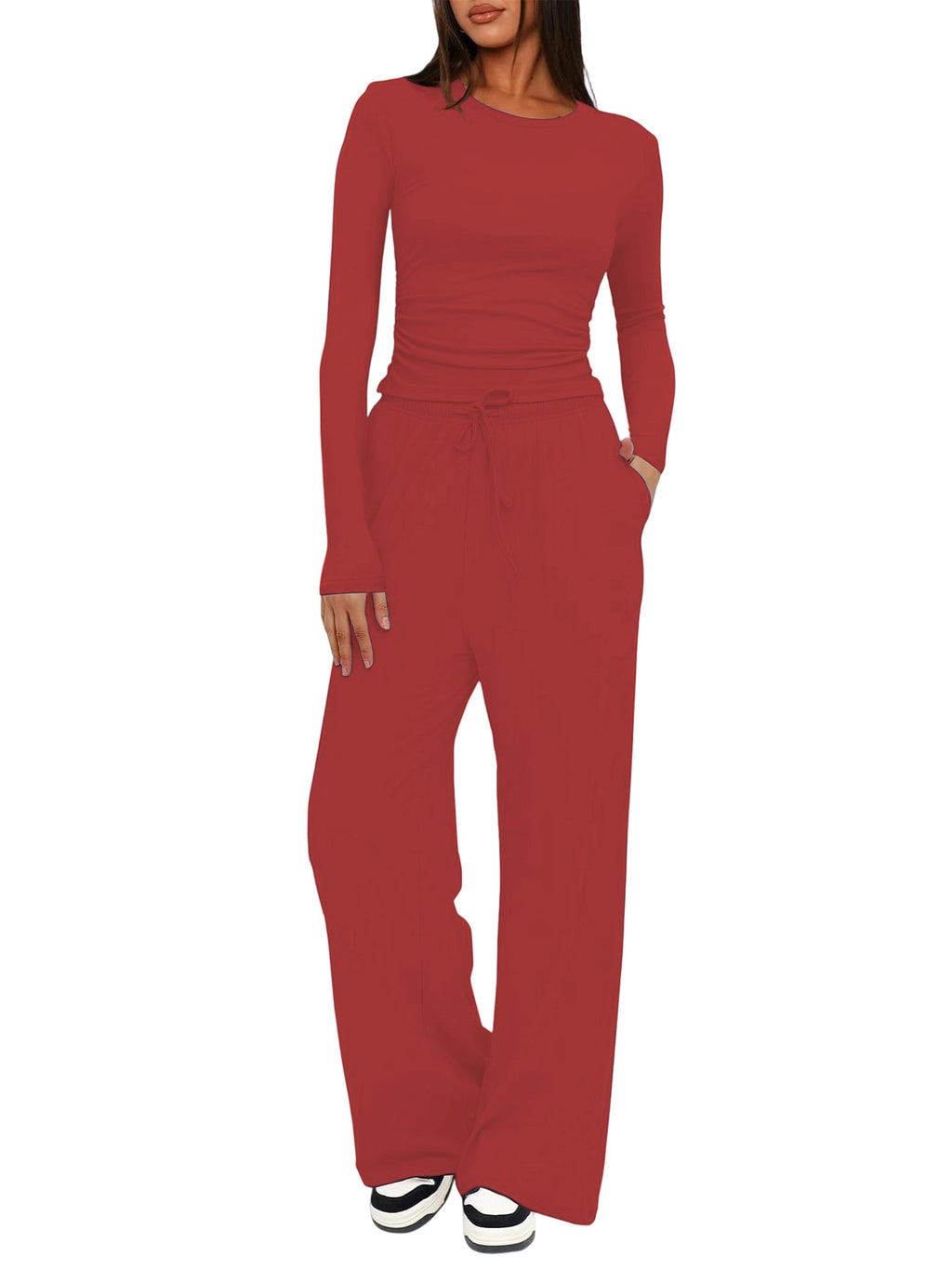 Solid Color Long Sleeve Top and High Waisted Wide Leg Pants Sportswear Set