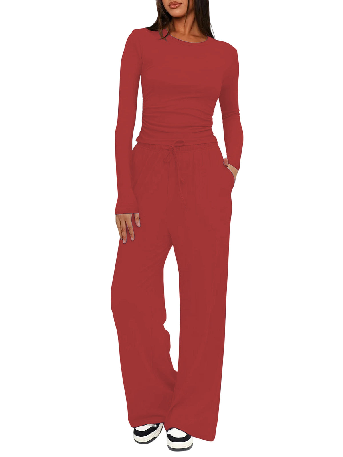 Solid Color Long Sleeve Top and High Waisted Wide Leg Pants Sportswear Set