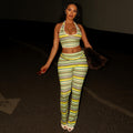 Women's Color-Block Striped Printed Pants Set with Halter Neck Top