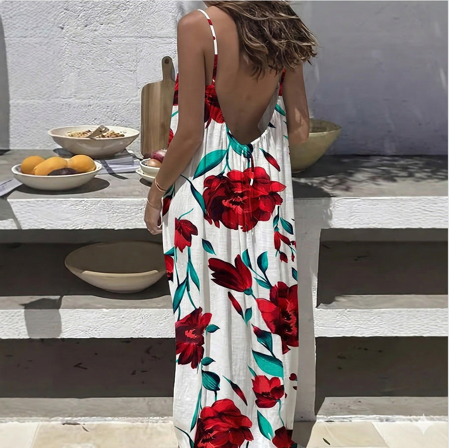 Womens Backless Loose Print Slip Dress