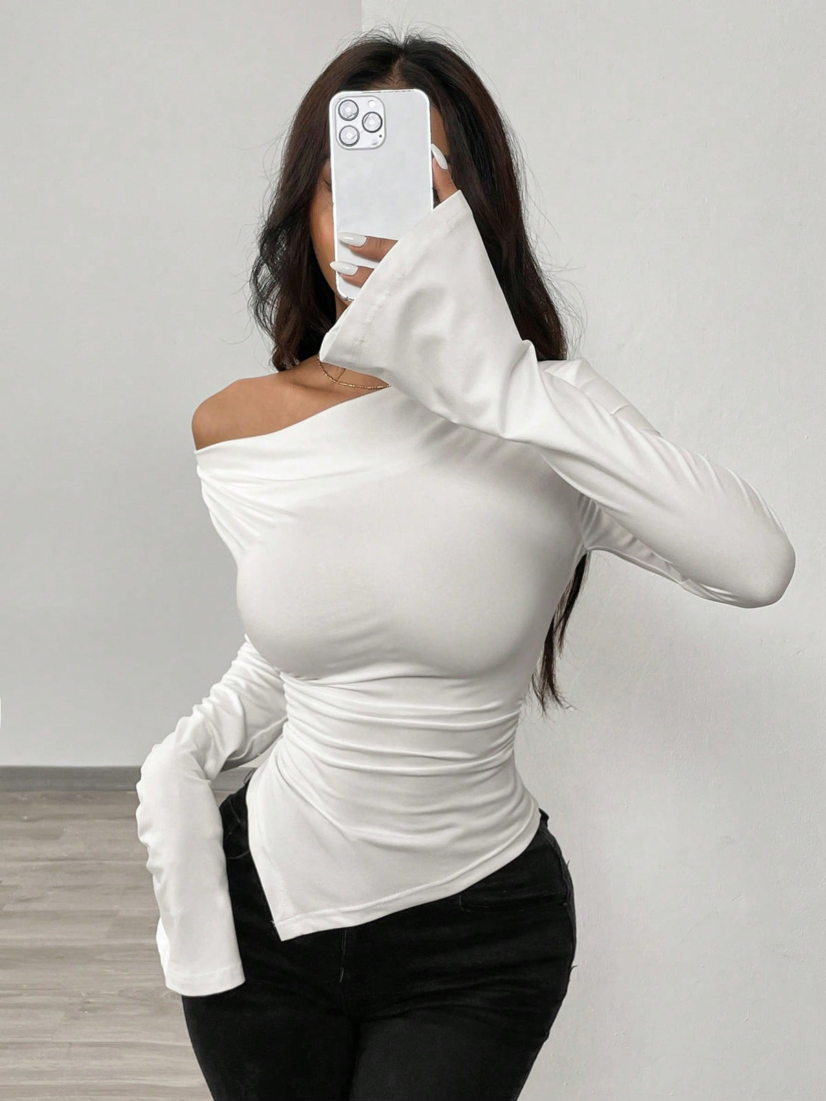Women's Off-Shoulder Long Sleeve Ruched Slim Fit Knit Top