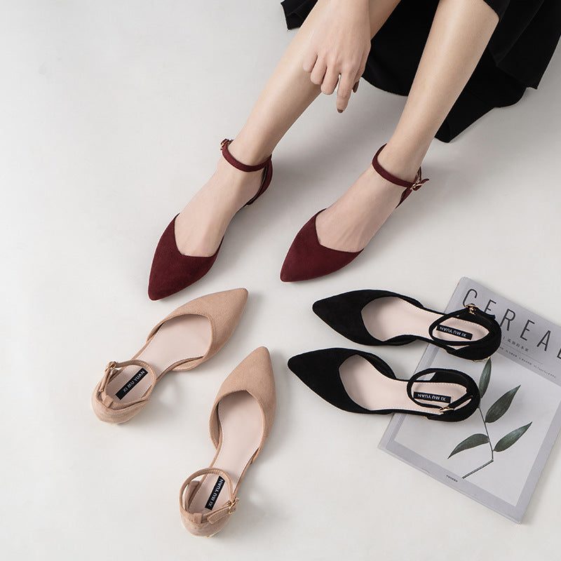 Women Pointed Toe Flat Shoes Suede Ankle Strap