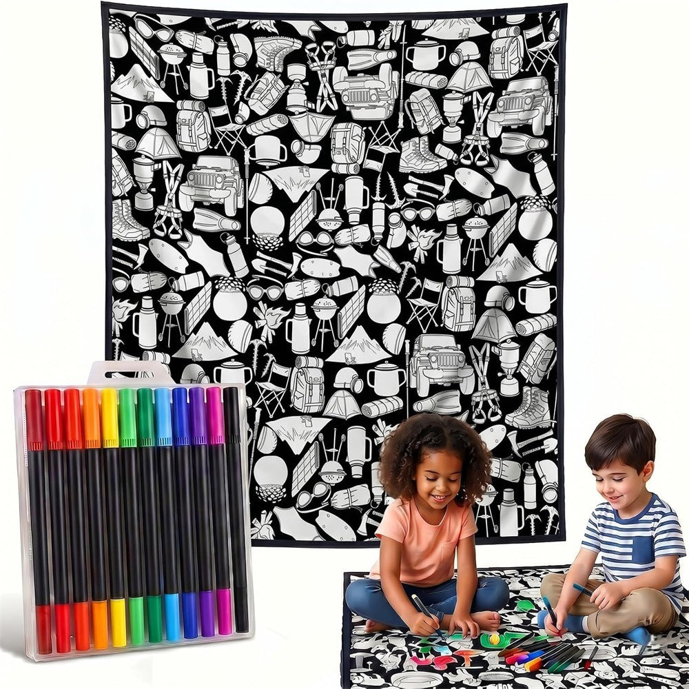 Black and white line-drawn graffiti rug