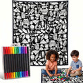 Black and white line-drawn graffiti rug