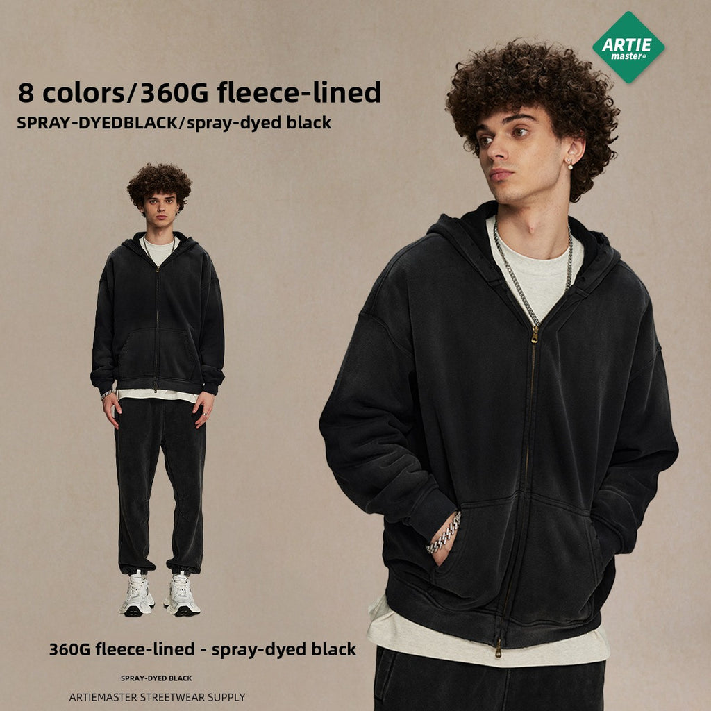 Men's garment dyeing distressed and padded double-headed zipper sweatshirt and pants set