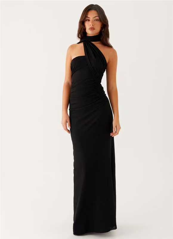 Neck-Wrap Ribbon Dress with Side Pleats