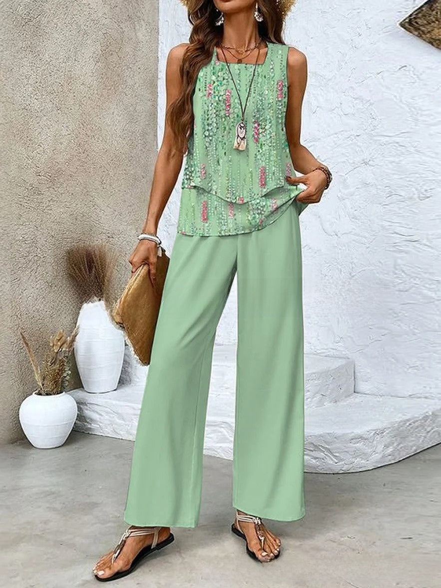 Womens Sleeveless Double-Layer Vest Top and Pants Set
