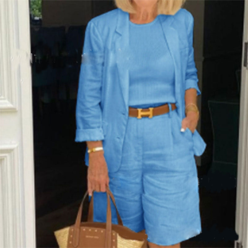 Women's Clothing Cotton and Linen Cardigan Tops Shorts Small Suit Two-Piece Set