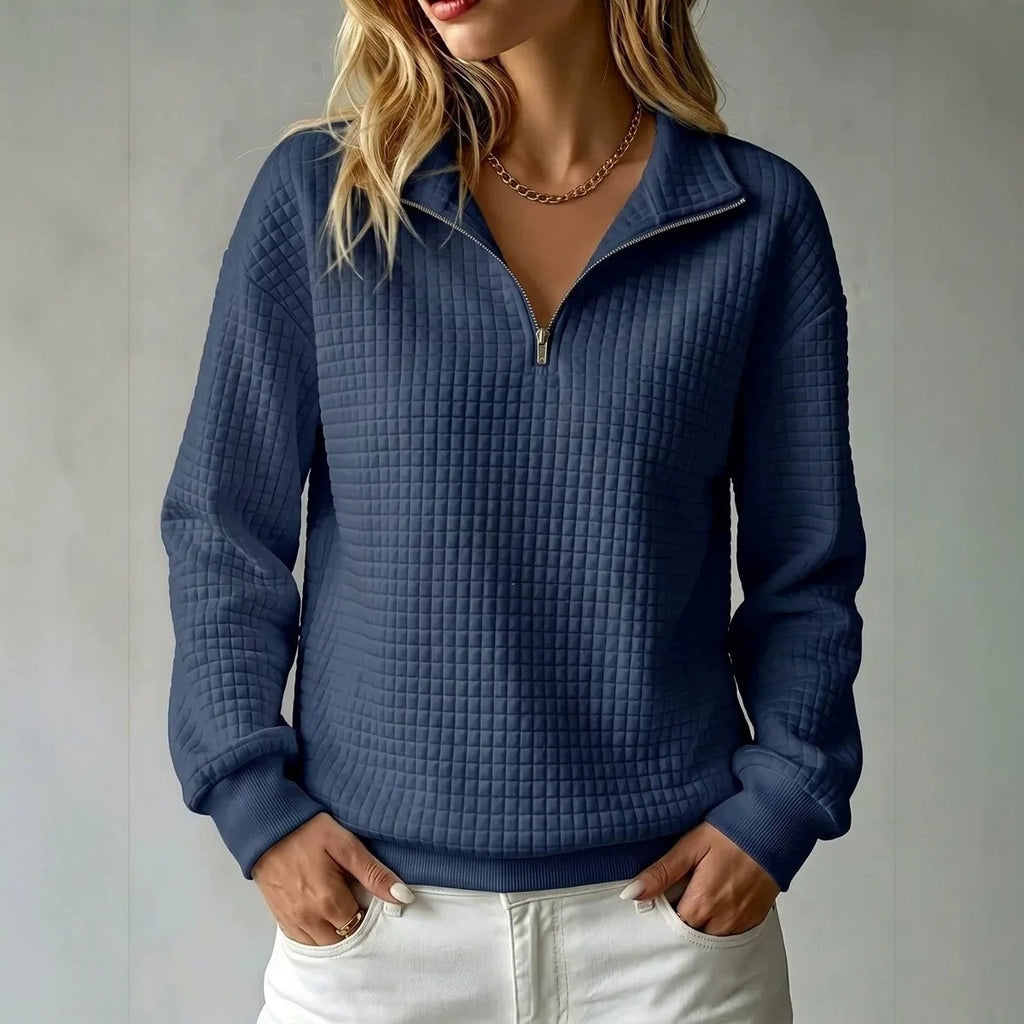 Women's Stand Collar Zip Long Sleeve Waffle Knit Patchwork Sweatshirt