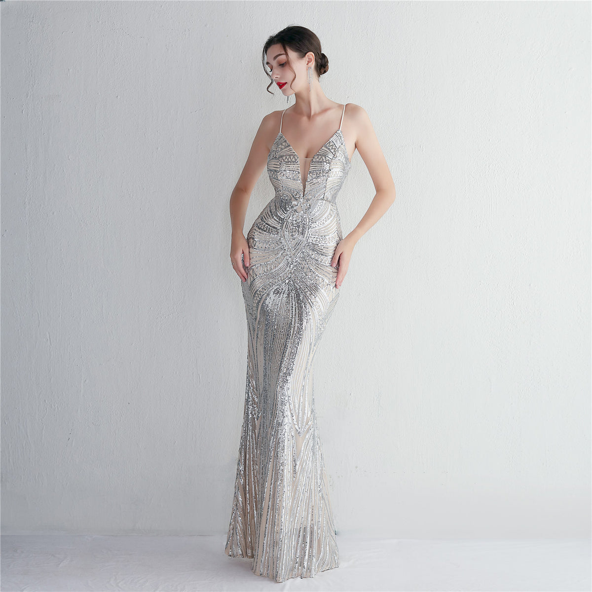 Elegant Sequined Evening Dress with Deep V-Neck