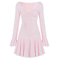 Womens V Neck Pleated Bell Sleeve Dress