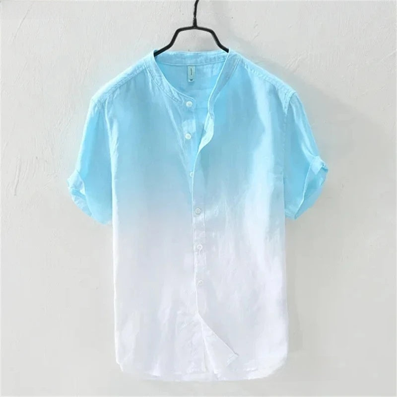 Men Linen Short Sleeve Shirt Gradient Breathing Vacation