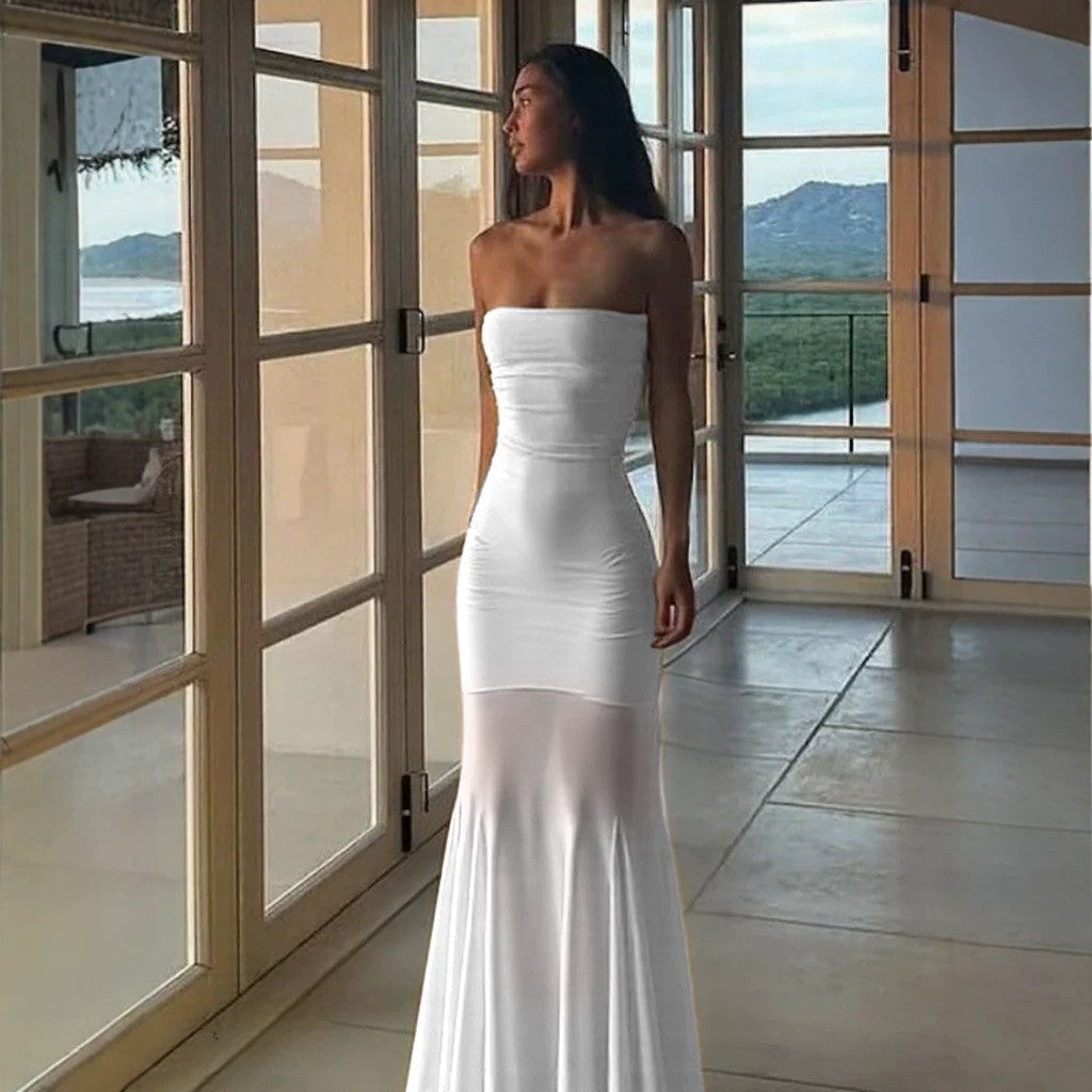 Women's Sleeveless Tube Top Dress Stretchy Mesh Bodycon Maxi Skirt Elegant Party Wear